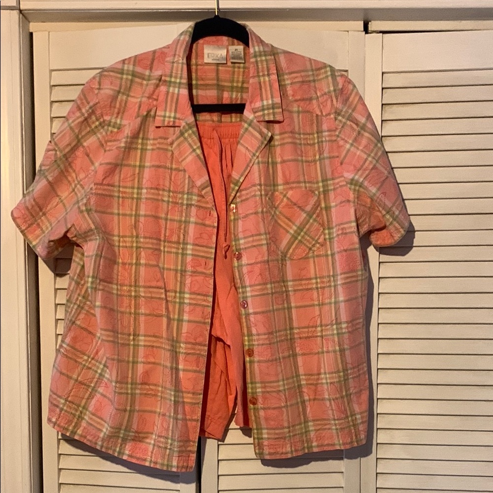 Erika Coral and Olive Plaid Blouse & shorts